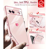 For Google Pixel 7A Case: With Tempered Glass Screen Protector [2 Pcs]+ Full Camera Lens Protection, Love Heart Plating Girly Women Cute Luxury Soft Tpu Shockproof Case, Pink