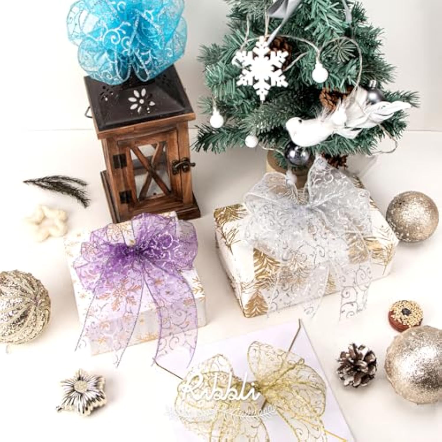 Swirl Glitter Wired Ribbon, Turquoise Blue Organza Sheer Ribbon With S