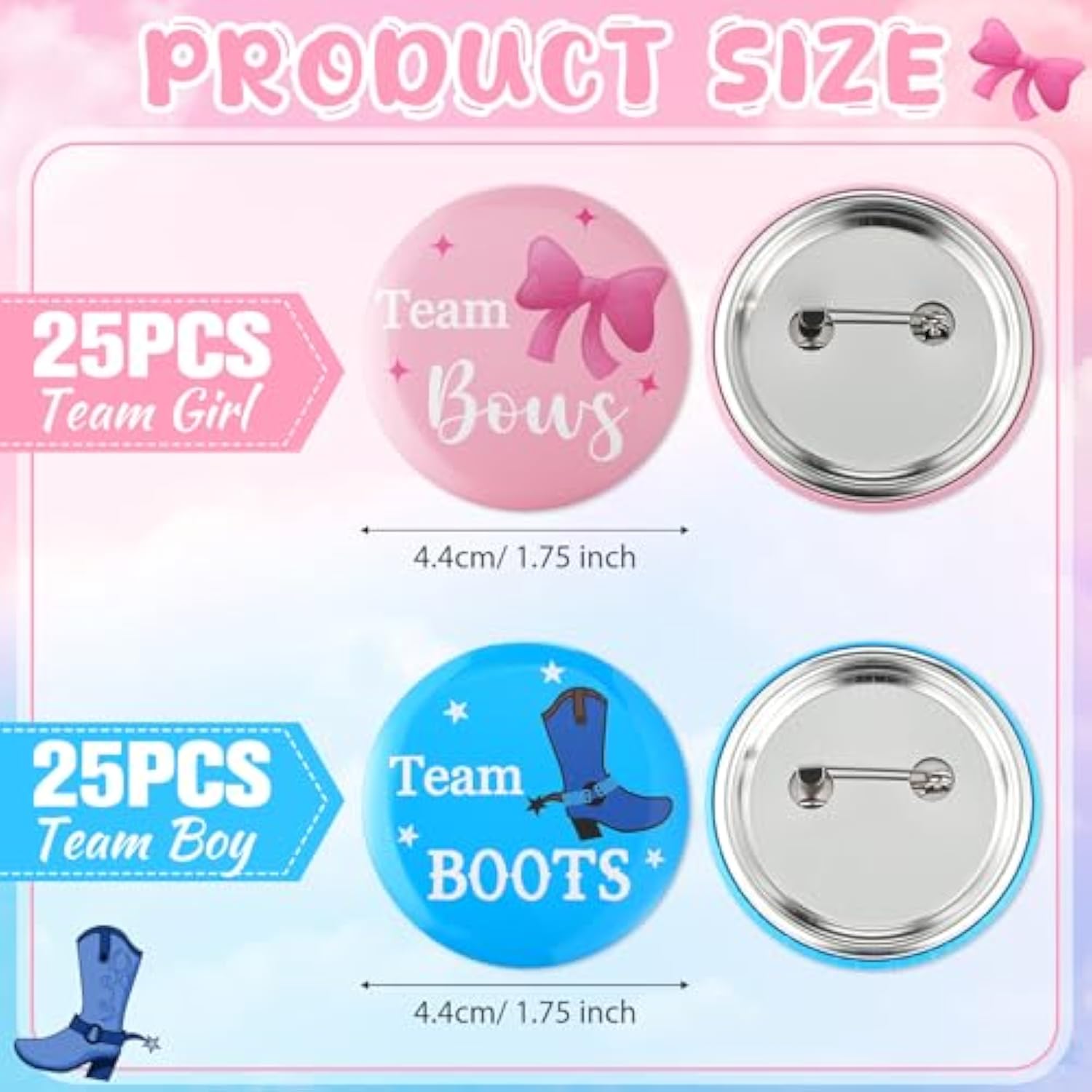 50 Pcs Gender Reveal Button Pins 1.75 Inch Team Boy Or Girl Pins Bulk, Boot Or Bows Gender Reveal Decorations Baby Shower Party Favors For Guests Pink And Blue Badge Supplies