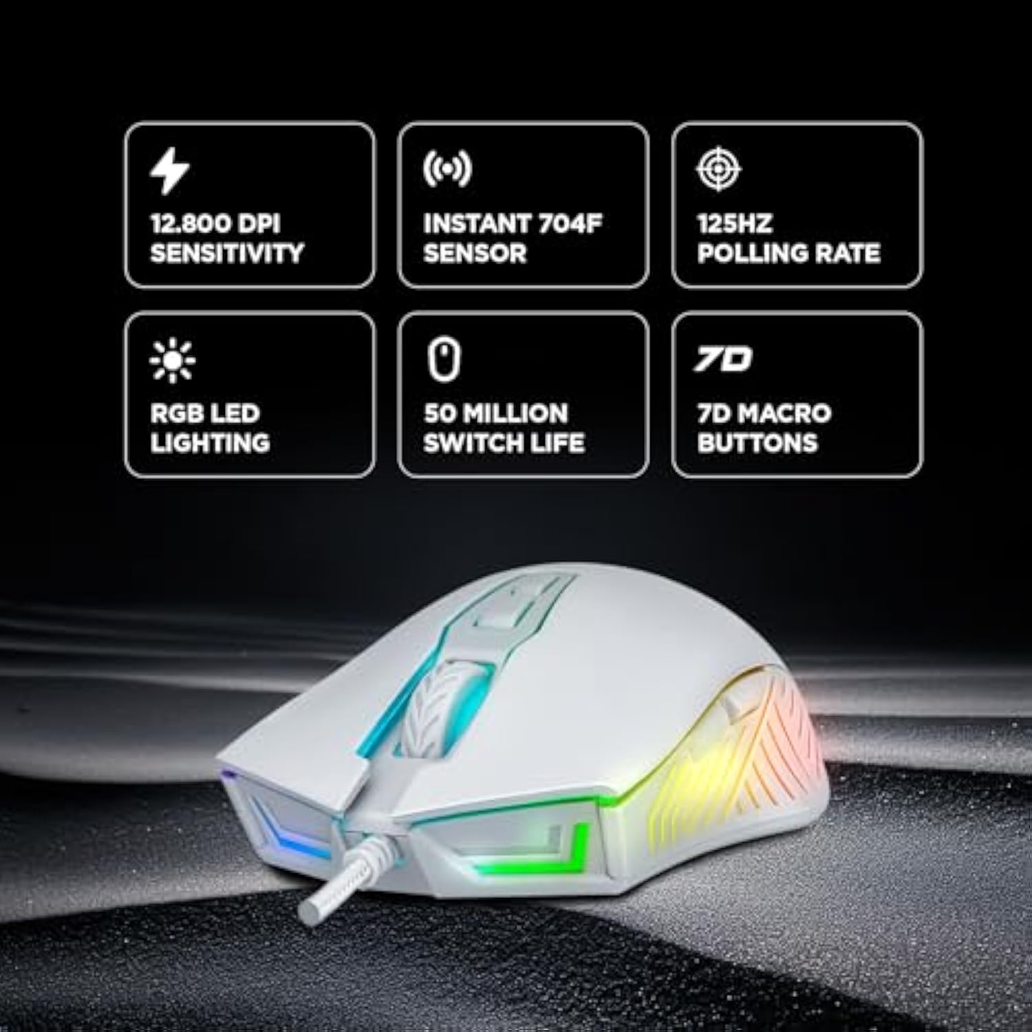 Rampage Spear V2 White Wired Gaming Mouse With Rgb Lighting – 12800 Dpi, 7 Programmable Buttons, Lightweight Ergonomic Gaming Mouse For Pc/Mac/Laptop Gamers