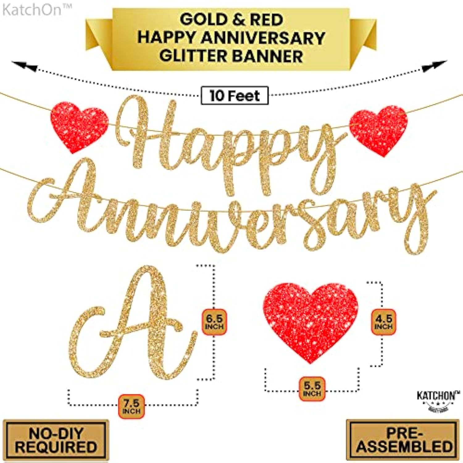 , Glitter Happy Anniversary Banner Gold - No Diy, 2 String, 10 Feet | Happy Anniversary Decorations For Party | Sign For Wedding Decorations, Romantic Decor