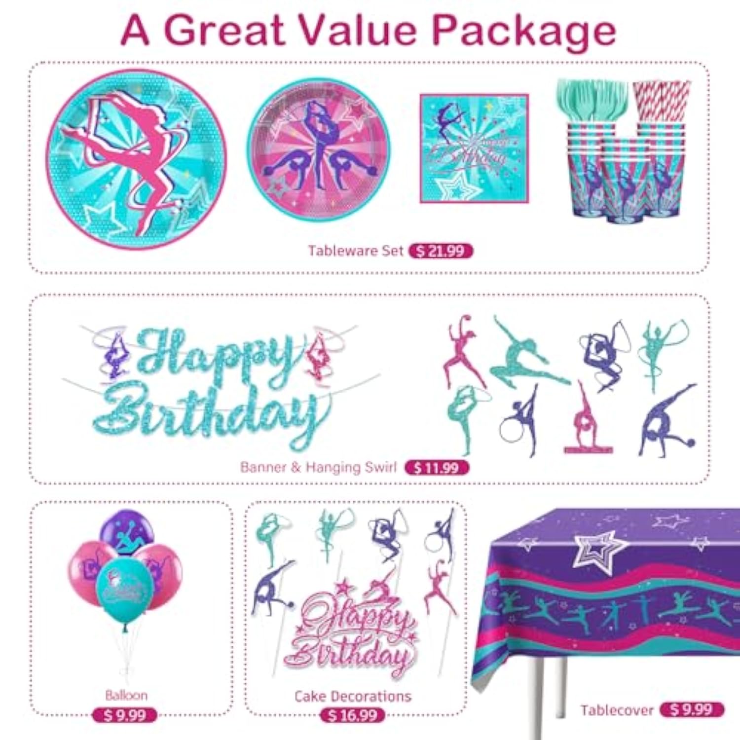 170 Pcs Gymnastics Birthday Party Decorations, Serves 20 Guests, With Banner, Balloon, Cake Topper, Plates And Napkins, For Gymnastics Party Decorations