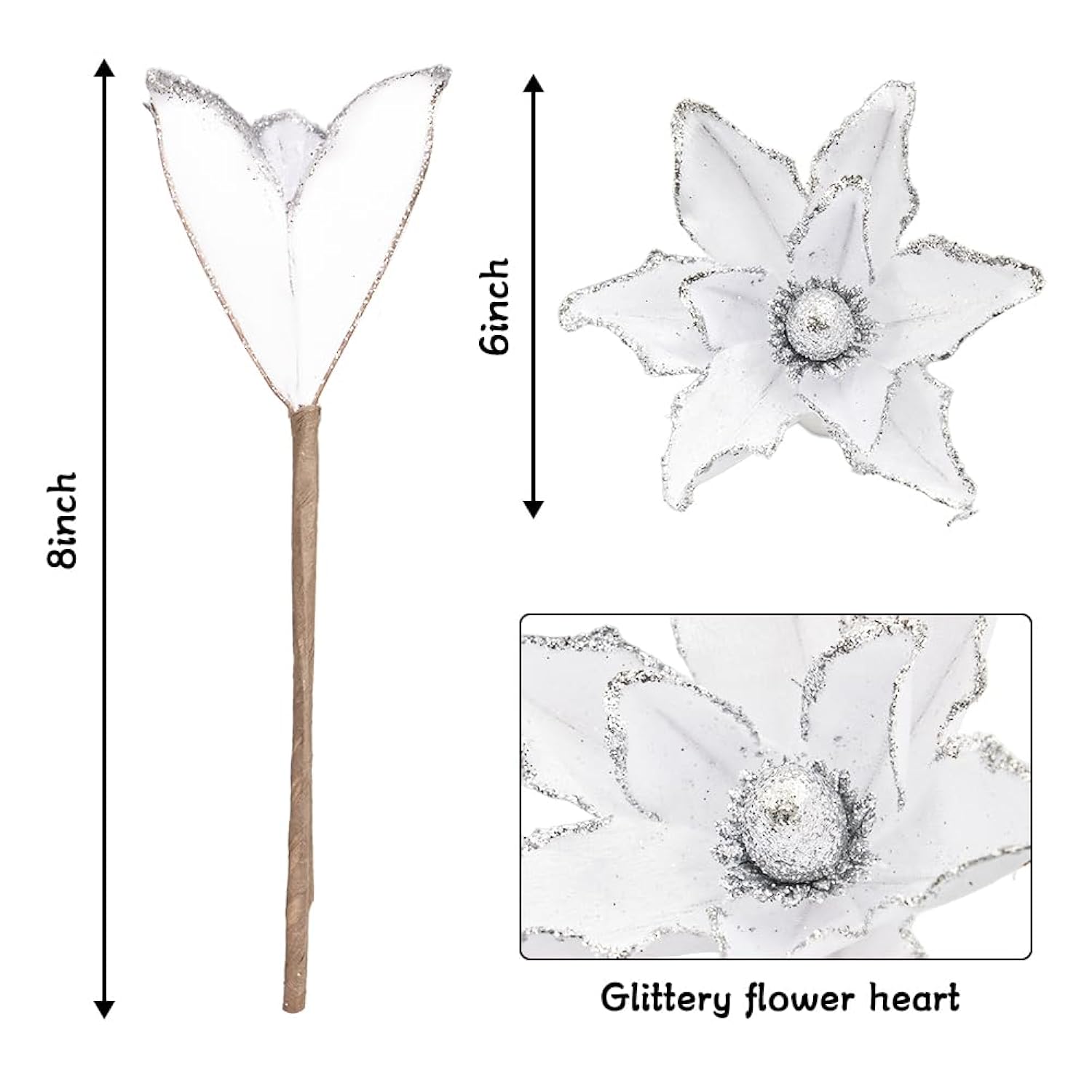 10Pcs Christmas Magnolia Flowers White Silver Artificial Flowers For Holiday Party Home Vase Decoration Glitter Velvet Magnolia Stems For Christmas Tree Wreath Decor