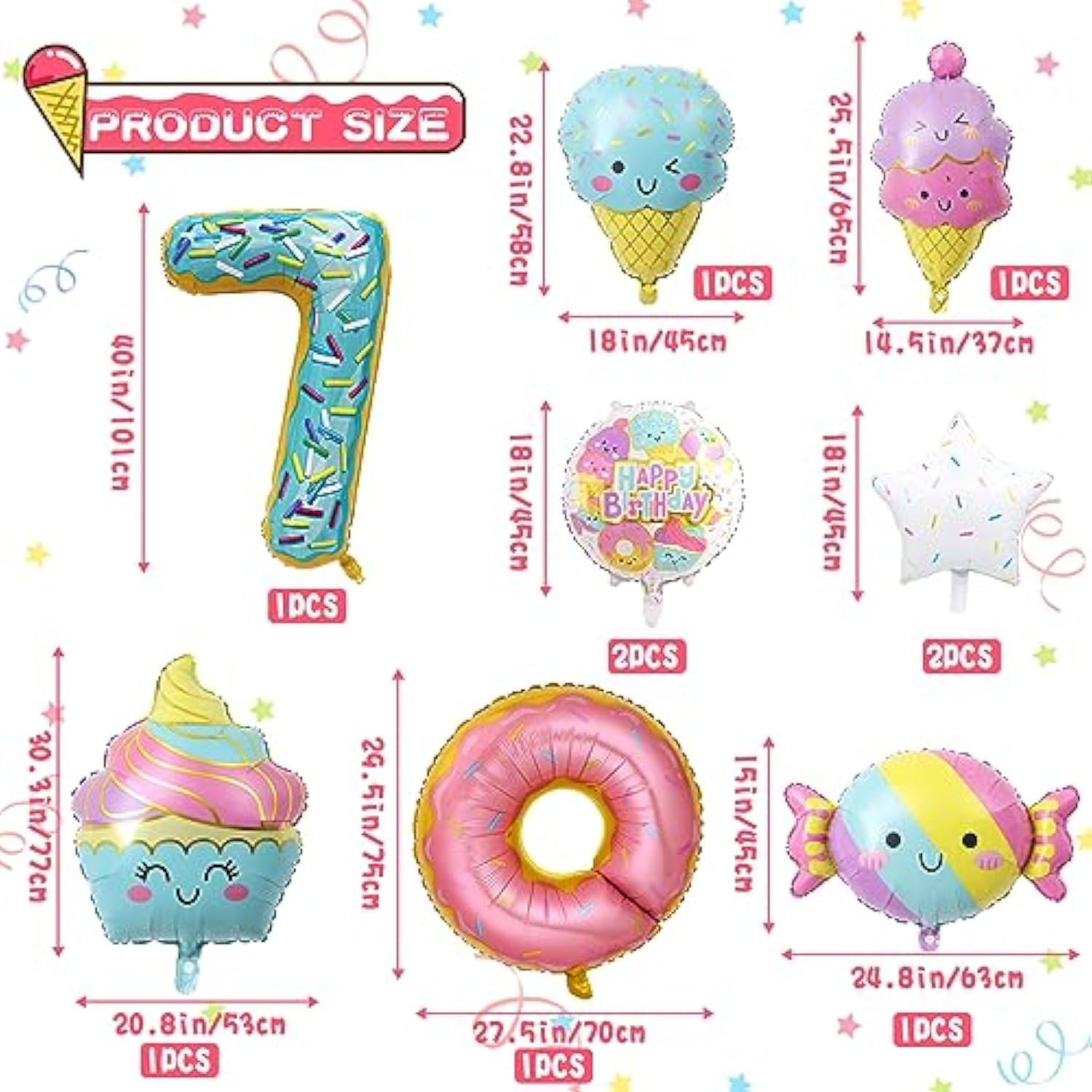 10Pcs Ice Cream Balloons, Donut Candy Birthday Number Mylar Foil Balloon Ice Cream Theme 7Th Birthday Party Supplies Decorations