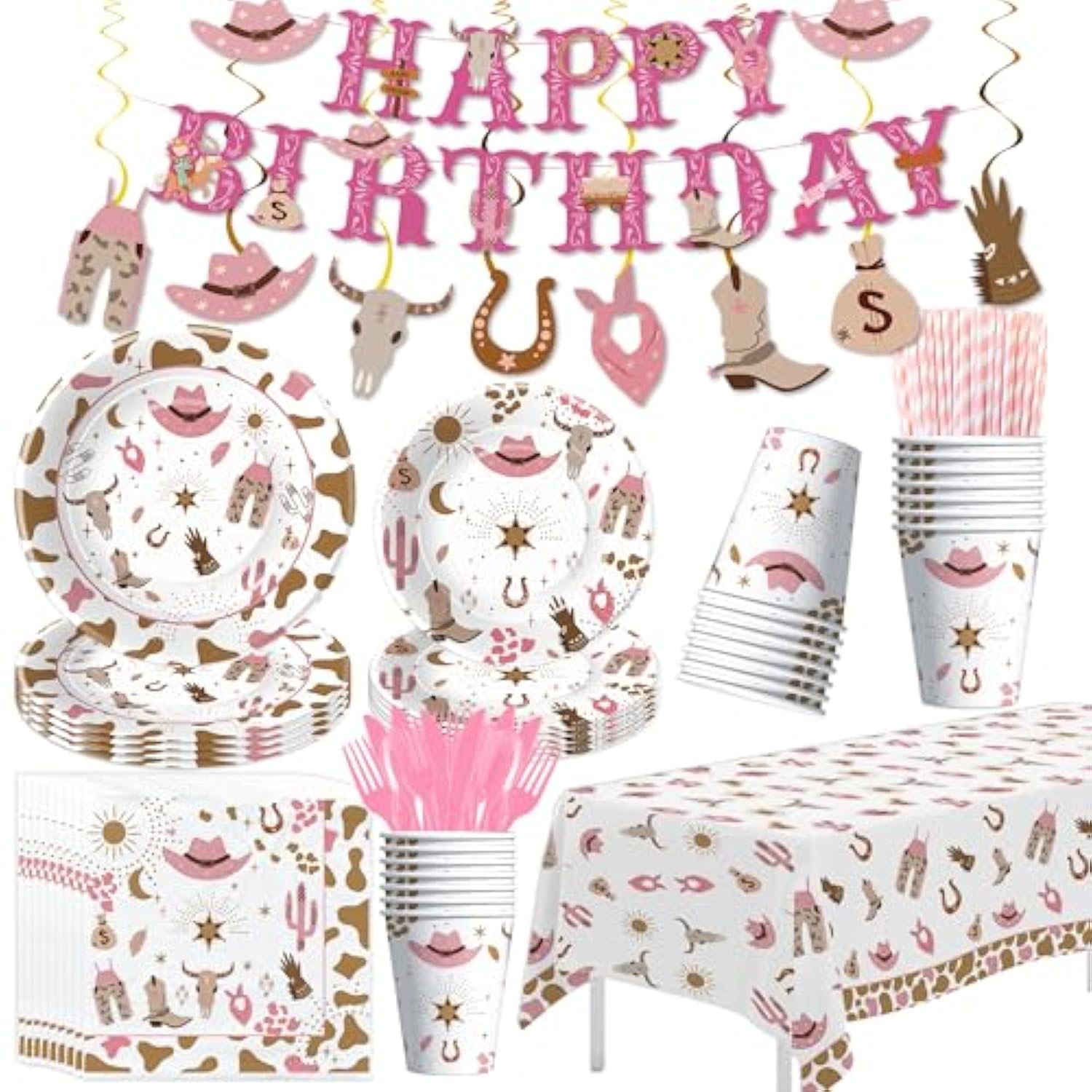 Western Cowgirl Party Decorations For Birthday Baby Shower, Wild West Pink Cowgirl Birthday Party Supplies, Paper Plate, Napkin, Cup, Tablecloth, Banner, Swirls, Cutlery, 24 Guests