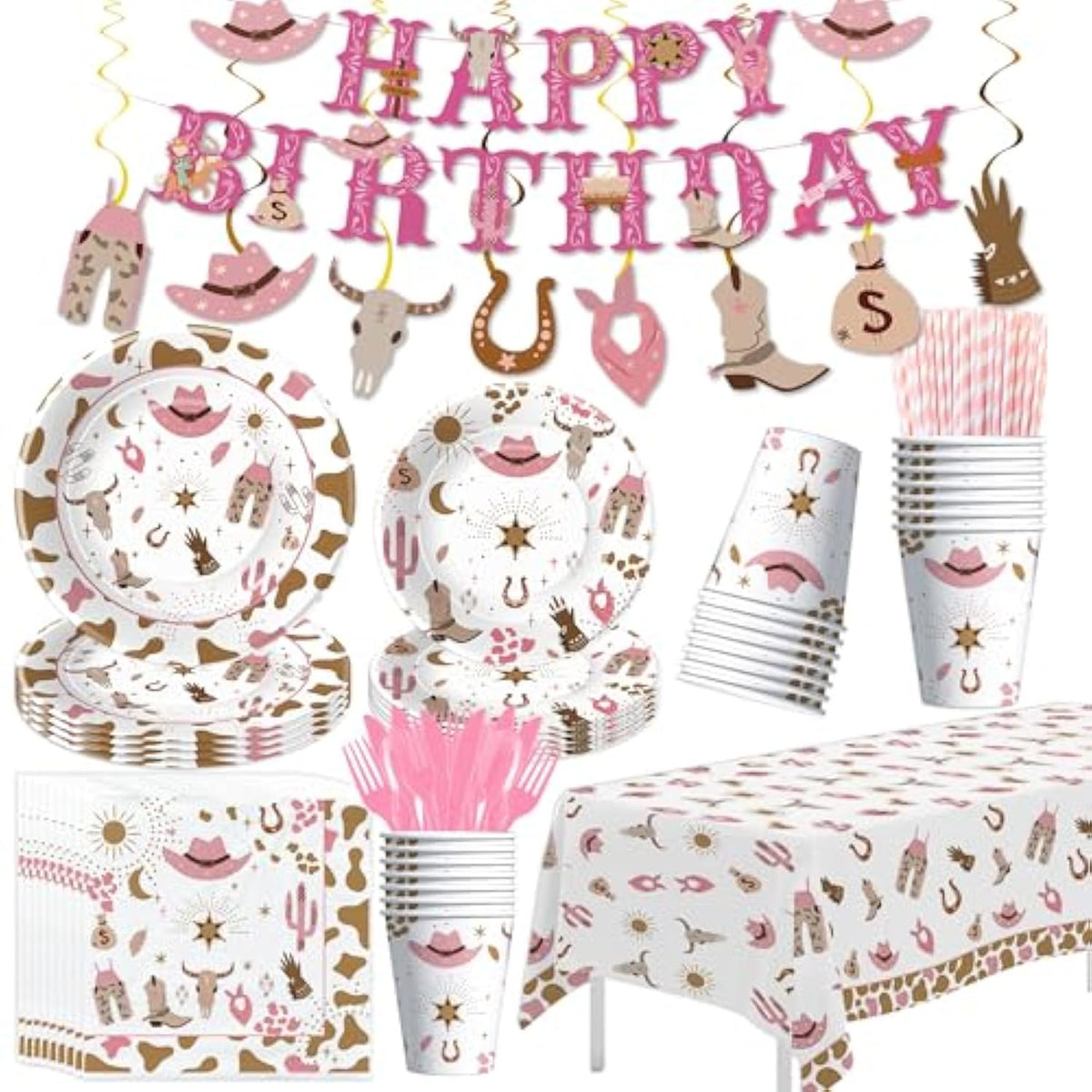 Western Cowgirl Party Decorations For Birthday Baby Shower, Wild West Pink Cowgirl Birthday Party Supplies, Paper Plate, Napkin, Cup, Tablecloth, Banner, Swirls, Cutlery, 24 Guests