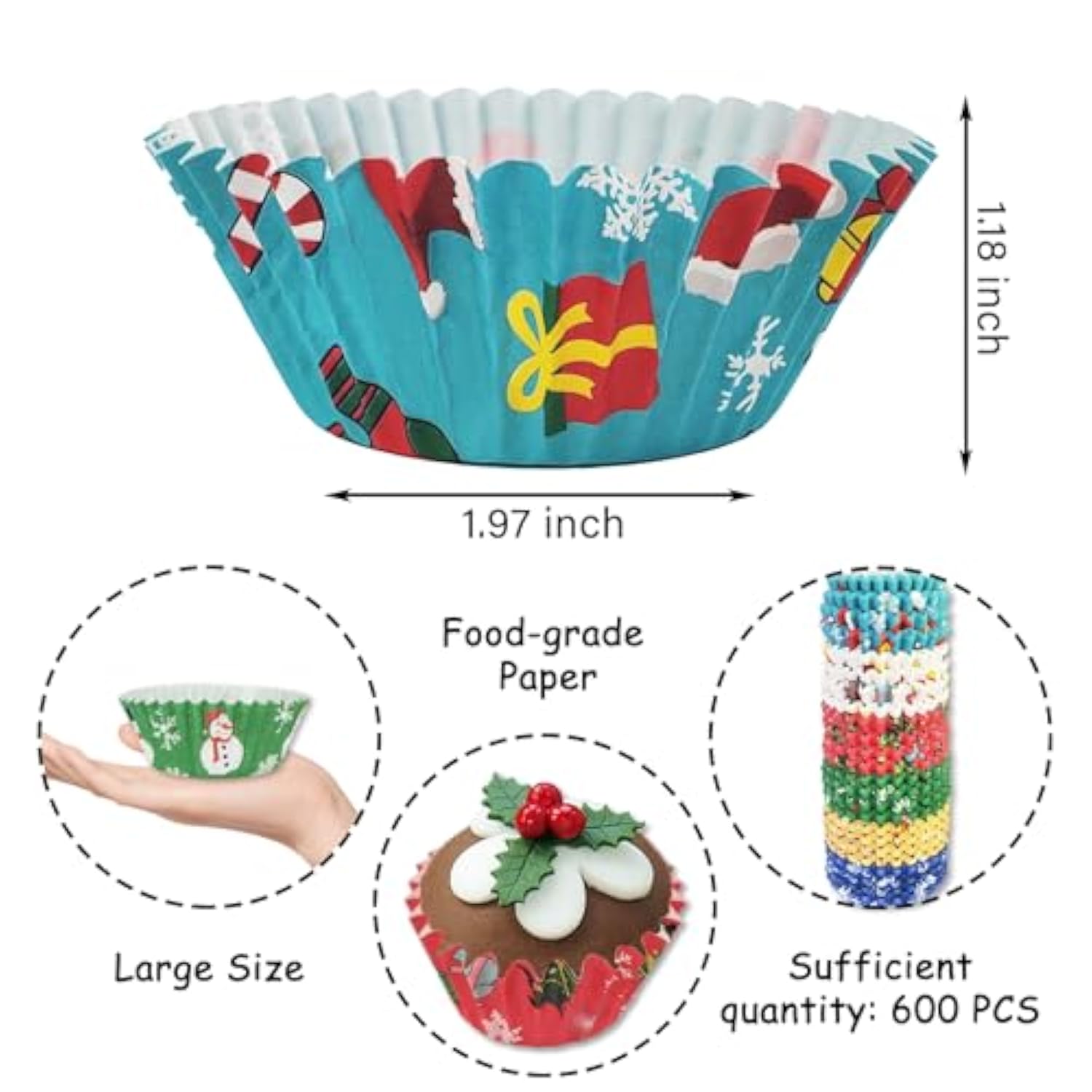 Christmas Cupcake Muffin Liners - 600 Count Xmas Baking Cup Cake Liners Paper, Merry Christmas Eve Cupcake Liner Candy Wrappers Cookies Wrap Chocolate Mold For Bakeware Party Supplies (Large)