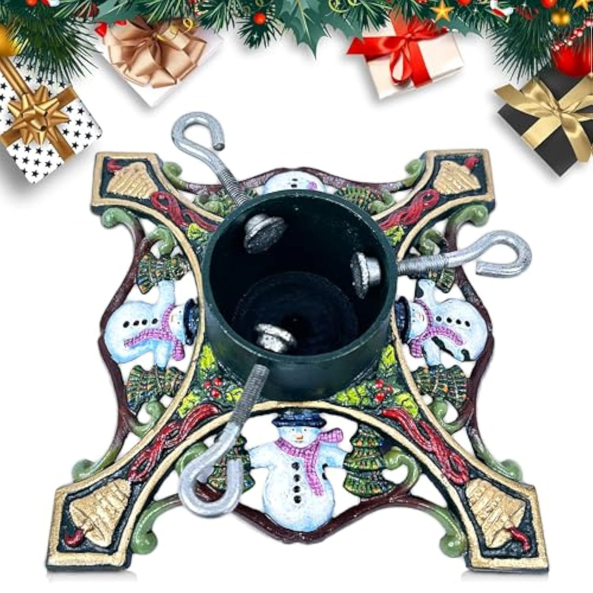 Christmas Tree Stand, Cast Iron Christmas Tree Stand For Real Trees Artificial Trees, Holds Up To 6Ft Trees With 1.77" Trunks, Snowman-Designed Xmas Metal Tree Stands For Holiday Decor