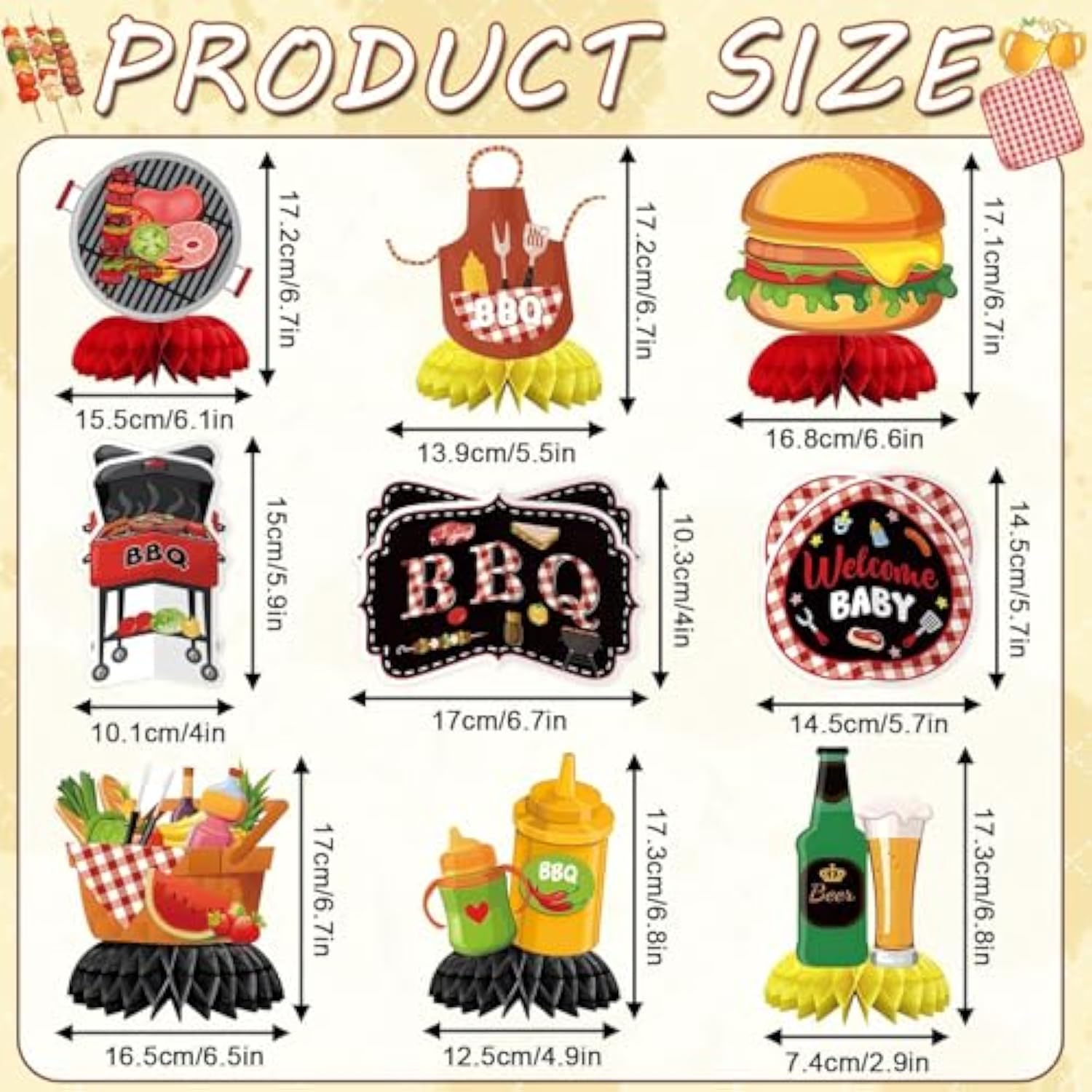 9Pcs Bbq Baby Shower Party Decorations Honeycomb Centerpieces, 3D Double Side Summer Picnic Centerpieces For Tables Cookout Bbq Birthday Picnic Themed Party Decorations Supplies