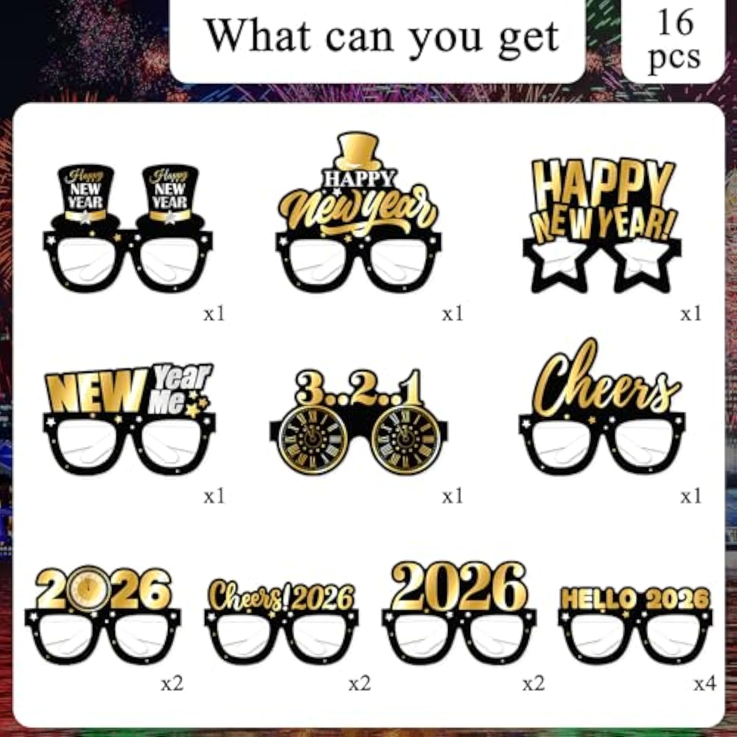 2026 New Year Glasses 16pcs Black Gold Party Photo Booth Props