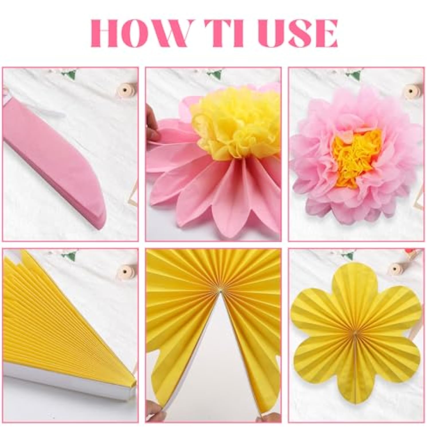 12Pcs Paper Flowers Fans Pink Yellow Party Decorations Tissue Paper Flowers Decorations For Girl Groovy Birthday Baby Shower Wedding Bachelorette Room Wall Hanging Décor
