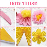 12Pcs Paper Flowers Fans Pink Yellow Party Decorations Tissue Paper Flowers Decorations For Girl Groovy Birthday Baby Shower Wedding Bachelorette Room Wall Hanging Décor