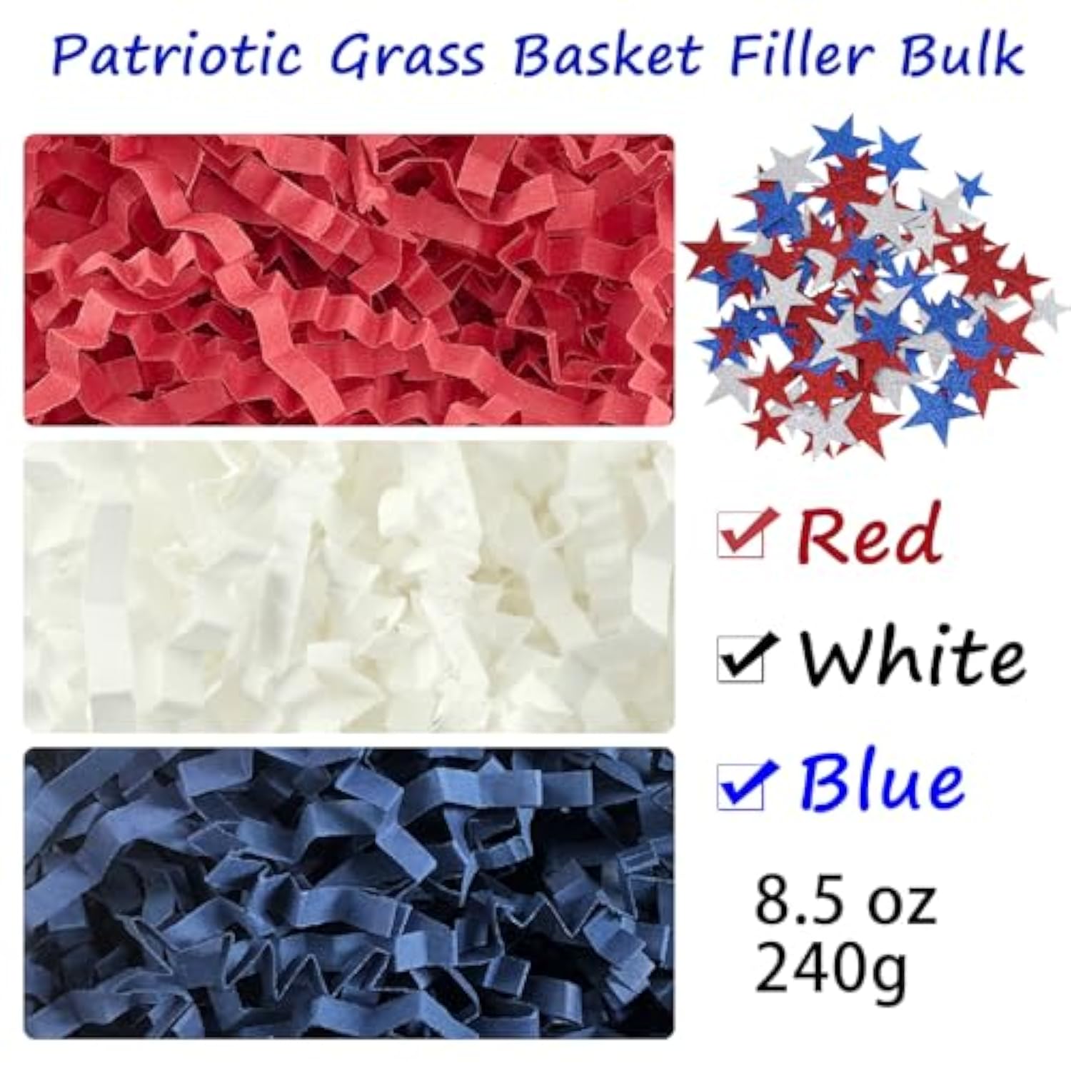 8.5 Oz / 240G Patriotic Grass Basket Filler Bulk, Red White Blue Crinkle Cut Paper Shred With Stars For Gift Box, Basket Filling For Diy Crafts, 4Th Of July Independence Day Memorial Party Decorations