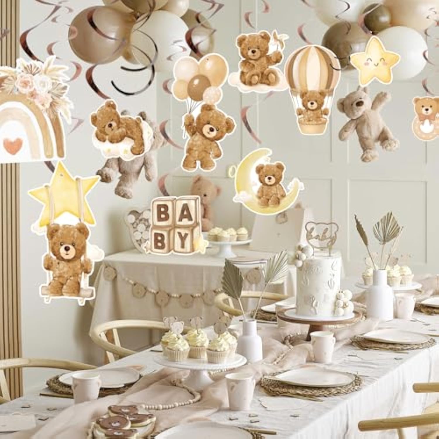 24Pcs Bear Baby Shower Hanging Swirls Decorations We Can Bearly Wait Baby Shower Ceiling Decorations Cream Brown Gender Neutral