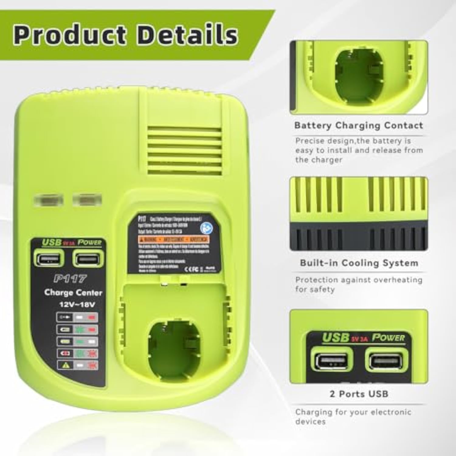 P117 Replacment For Ryobi Charger 12V-18V Compatible With Ryobi 18V Battery Charger Li-Ion&Ni-Cad&Ni-Mh Battery P102 P108 P189 P197 P103 P105 P107 P190 P191 Pbp002 Pbp005(Dual Usb Intelliport)