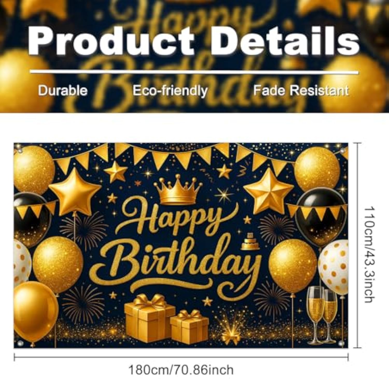 Birthday Decoration Banner 71X43 Inch Black And Gold Happy Birthday Backdrop With Balloons Stars Crowns And Gifts For Elegant Party Wall Photo Decor