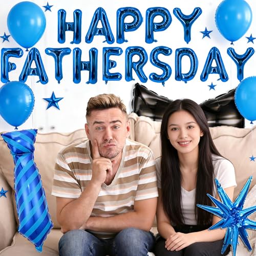 Fathers Day Balloons Blue Happy Fathers Day Balloon Banner Black Bow Tie Blue Star Necktie Balloons for Happy Father's Day Themed Party Supplies Decorations Balloon Set-19 Pcs