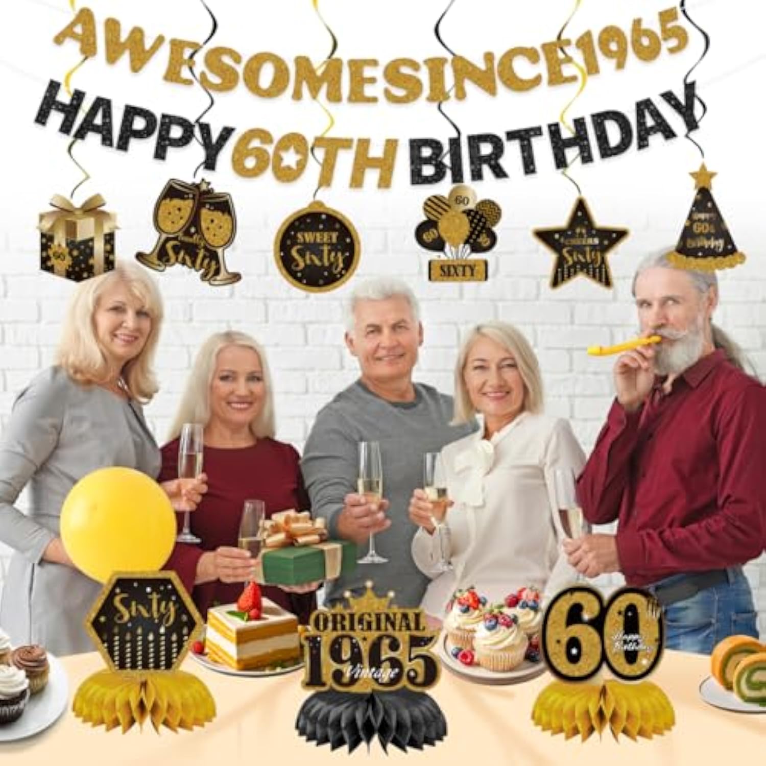 11Pcs Happy 60Th Birthday For Men Women Decorations,Sixty Bday Banner Ceiling Table Topper Sign Awesome Since 1965 Old Black And Gold Kit Swirls Party Decorations Supplies
