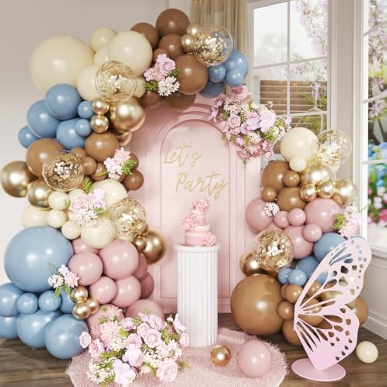 148Pcs Dusty Pink Blue Brown Yellow Balloon Arch Garland Kit, Retro Pink Dusty Blue Brown Pastel Yellow Gold Confetti Balloons For Baby Shower Wedding Engagement Birthday Party Decorations