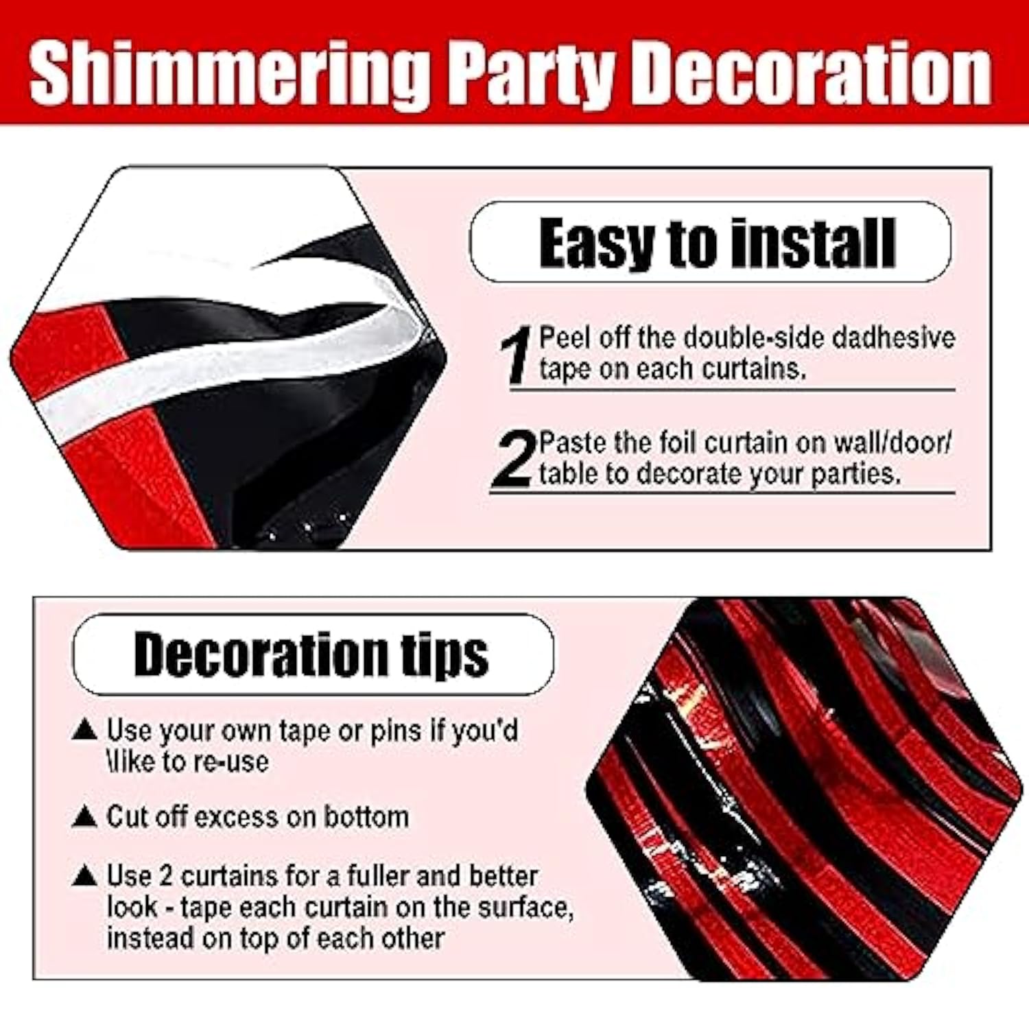 6-Pack Black Red Foil Fringe Curtains 3.28x8.2 ft for Party and Photo Booth Decor