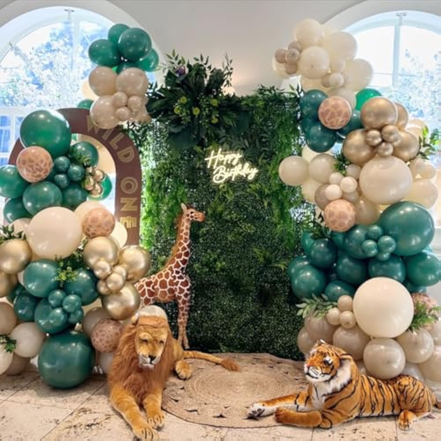 Safari Jungle Balloon Garland Arch Kit For Wild One Birthday Party Decorations, 157Pcs Sage Green Brown Balloons With Animal Print Balloons Palm Leaves For Safari Baby Shower Woodland Tropical Party