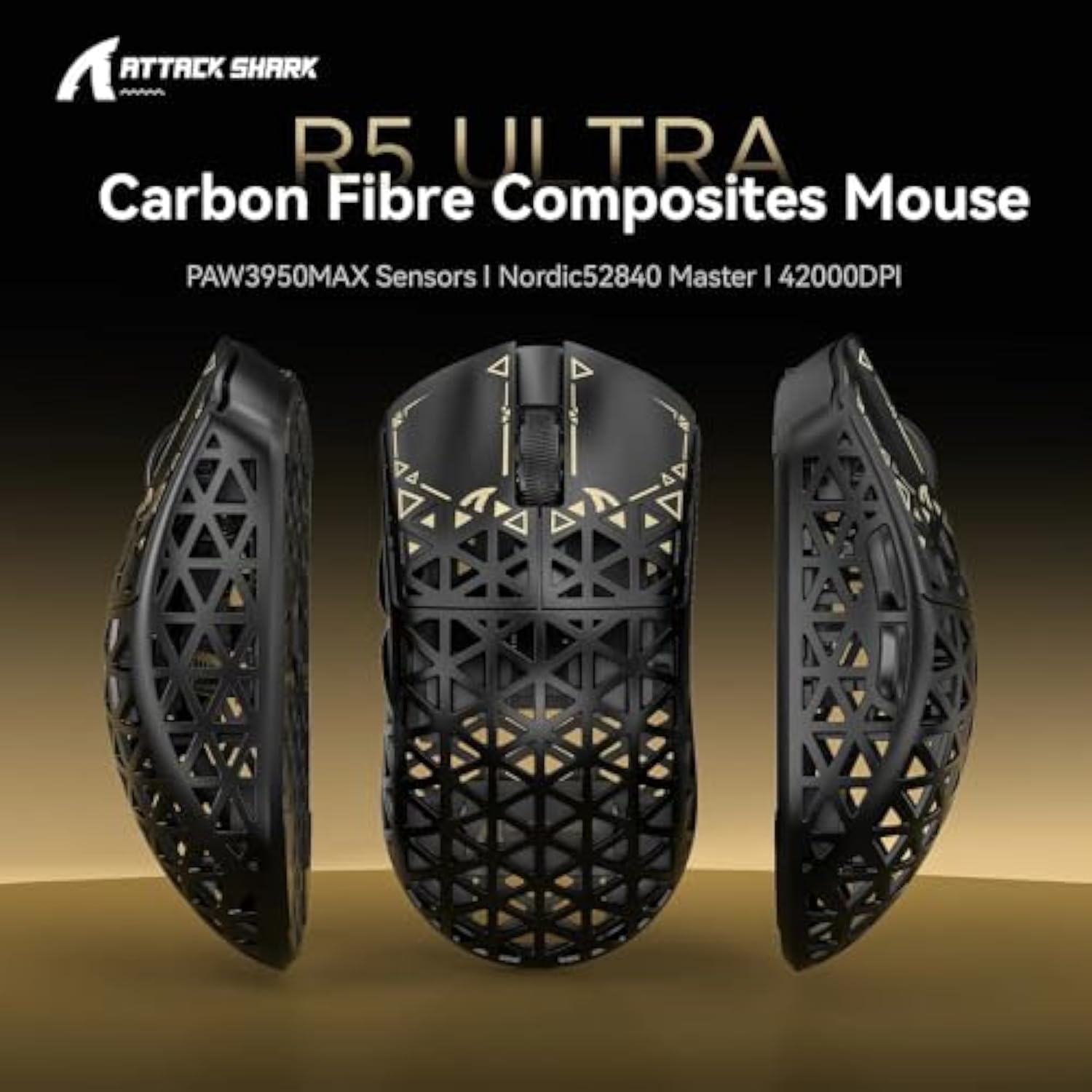 R5Ultra 8K Carbon Fiber Wireless Gaming Mouse With 42000 Dpi -Paw3950 Max Sensor -39G Ultra-Lightweight-Nordic 52840 Mcu Chip-Wired/Bt/2.4Ghz Wirelss Programmable Mouse For Pc/Mac (Black)