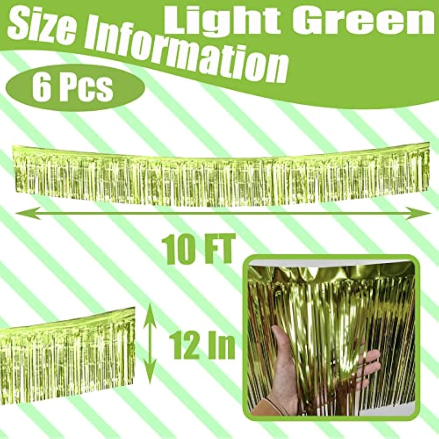 6 Pack 10 Feet Foil Fringe Garland Metallic Tinsel Streamers Banner Wall Hanging Backdrop Banner For Parade Floats, Thanksgiving, Christmas, Birthday, Halloween Party Decorations(Light Green)