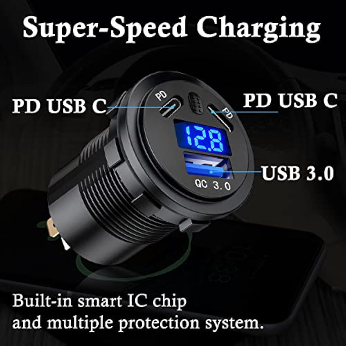 2 Pack 3 Ports Car Charger Socket Dual 45W Pd Type C & 18W Qc 3.0 With Voltmeter And Button Switch, Usb Charger Socket For 12V/24V Car Boat Marine Atv Bus Truck Rv Motorcycle
