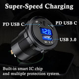 2 Pack 3 Ports Car Charger Socket Dual 45W Pd Type C & 18W Qc 3.0 With Voltmeter And Button Switch, Usb Charger Socket For 12V/24V Car Boat Marine Atv Bus Truck Rv Motorcycle