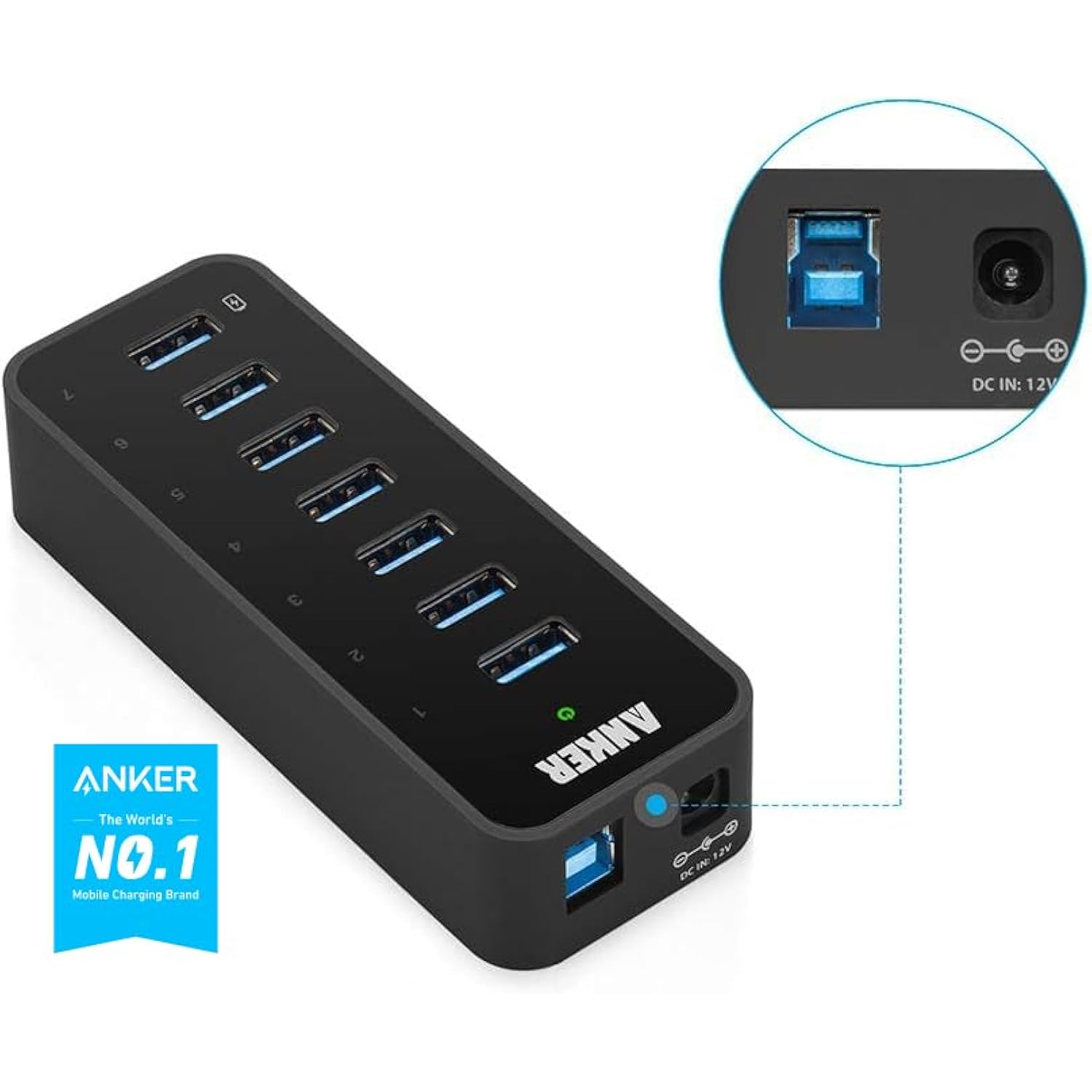 Anker Powered USB Hub for Laptop, 7 Ports USB 3.0 Data Hub, with 36W Power Adapter and BC 1.2 Charging Port for iPhone 7/6s Plus, iPad Air 2, Galaxy S Series, Note Series, Mac, PC, USB-Flash Drives