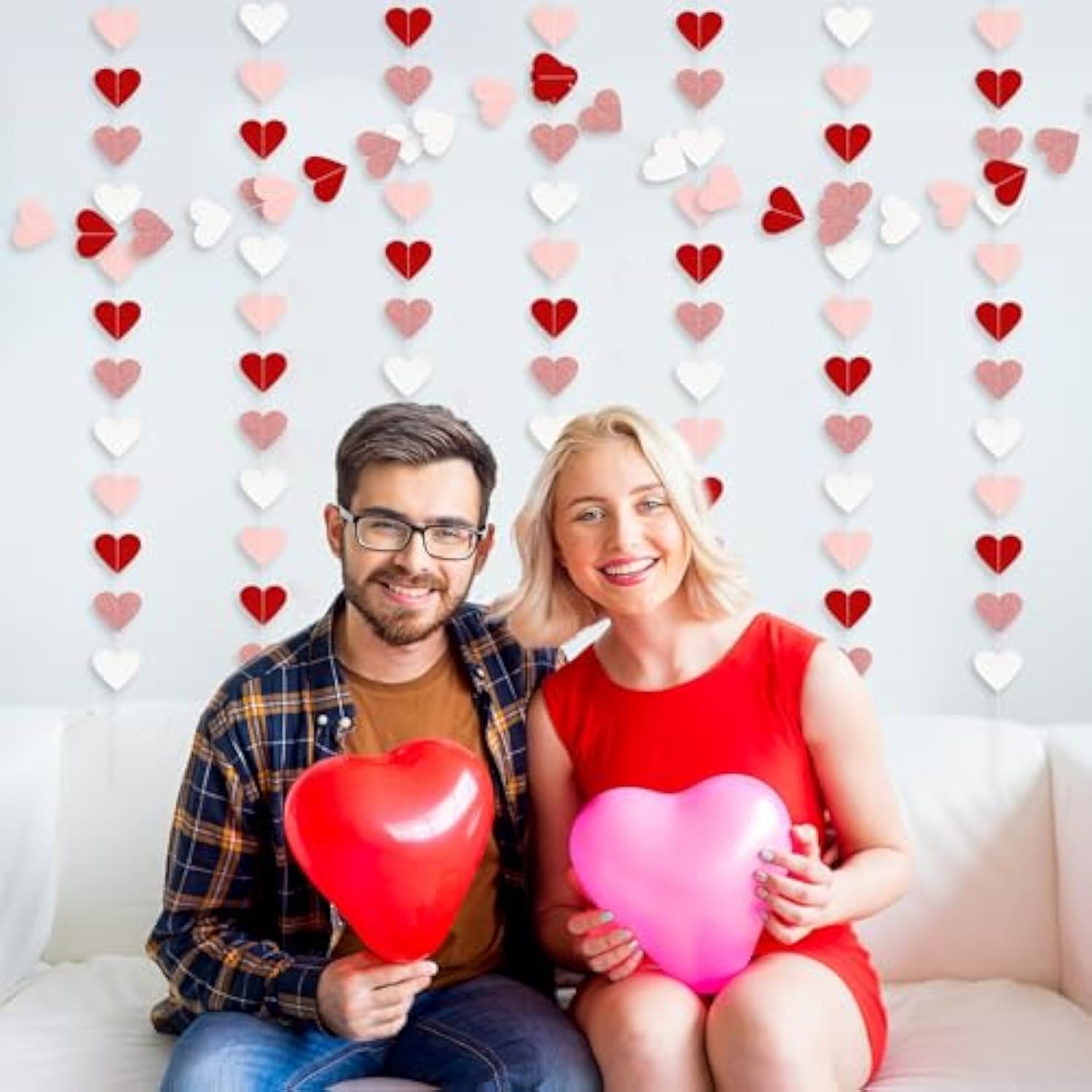 Valentines Decorations Red Pink White Rose Gold Glitter Heart Garland Strings - 8 Packs Paper Heart Garland Banner For Valentine'S Day Mothers Day Wedding Birthday Bridal Shower Home Hanging Decor