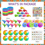 120Pcs Beach Party Favor-Summer Beach Pool Toys Themed Party Supplies Include Beach Balls, Water Squirts,Bracelet,Tattoos, Stickers Fans Party Summer Supplies