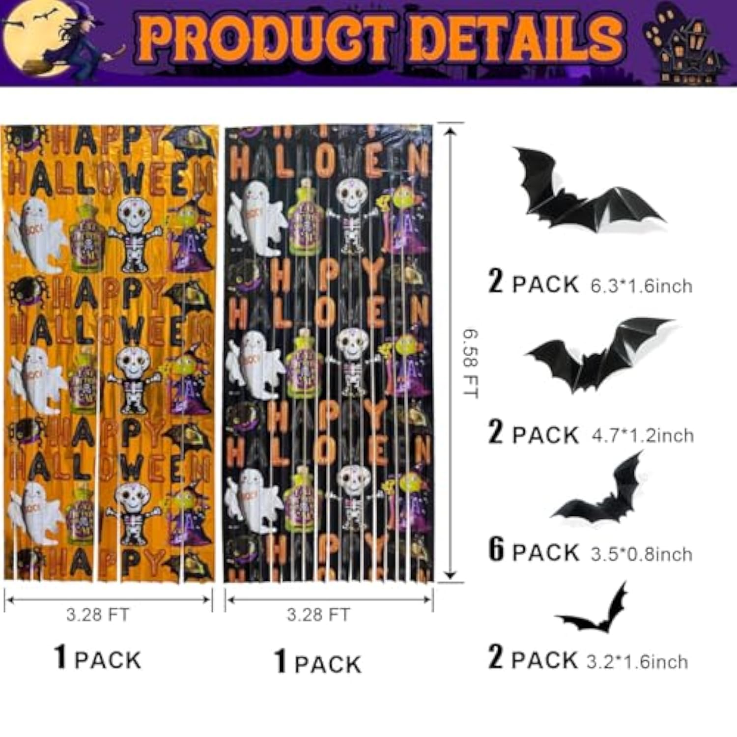 2 Pack Halloween Foil Fringe Curtains 3.3x6.6ft with Boo Ghost Pattern & Bat Stickers