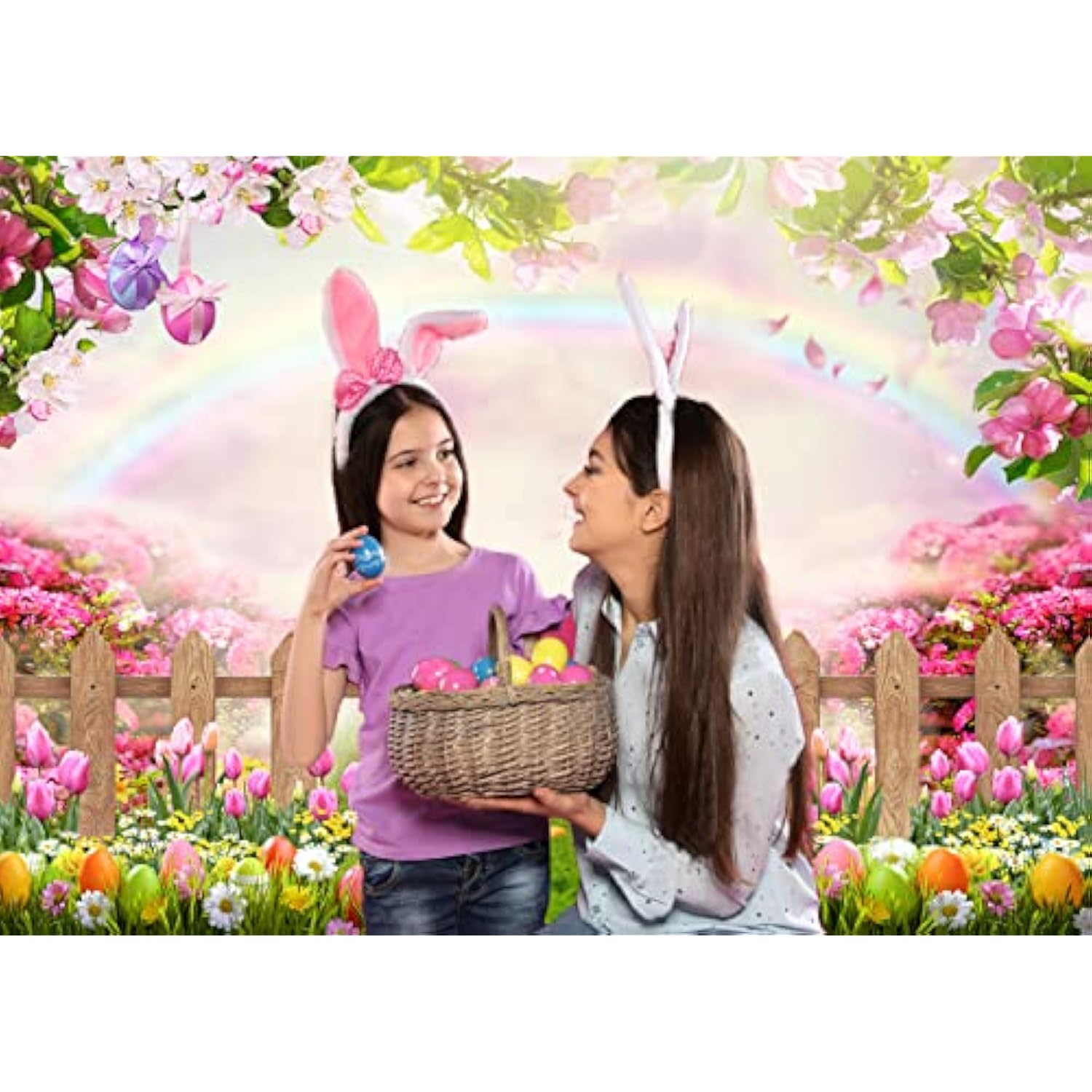 7X5Ft Easter Backdrop Spring Easter Photography Backdrop Green Grass Pink Floral Colorful Eggs Rainbow Nature Scenery Background Children Birthday Party Banner Easter Party Backdrop