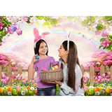 7X5Ft Easter Backdrop Spring Easter Photography Backdrop Green Grass Pink Floral Colorful Eggs Rainbow Nature Scenery Background Children Birthday Party Banner Easter Party Backdrop