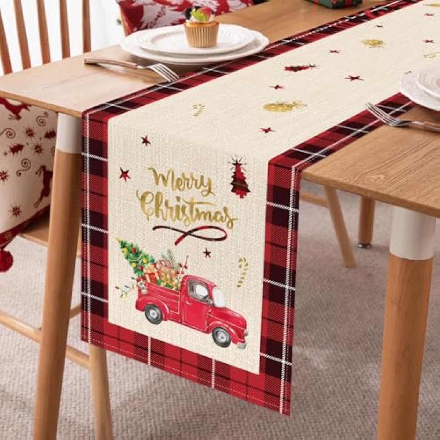 Merry Christmas Red Truck Table Runner 13X72 Inch Buffalo Plaid Xmas Tree Seasonal Winter Holiday Kitchen Kitchen Dining Table Decoration For Indoor Outdoor Home Party Decor