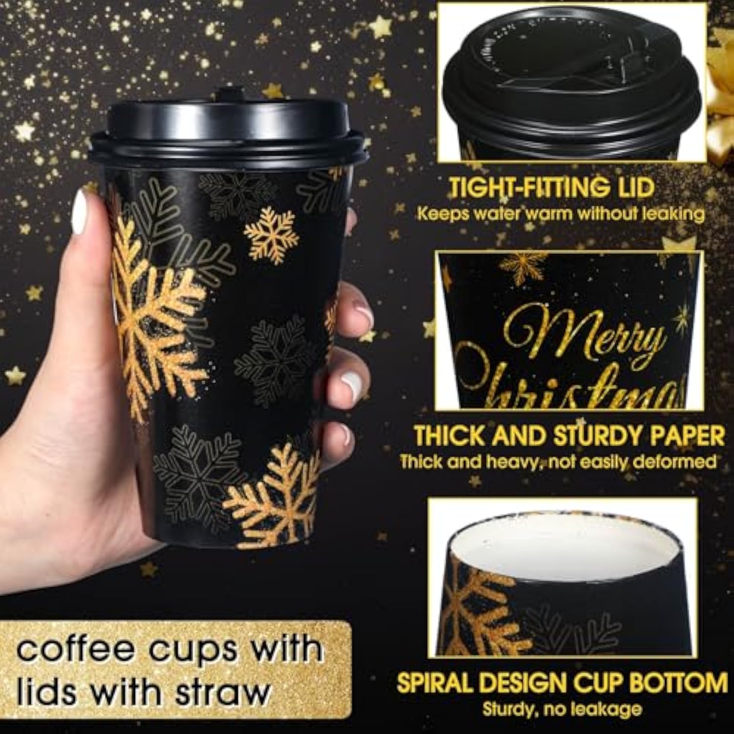 50 Pack 16 Oz Christmas Coffee Cups Bulk Black Gold Snowflake Disposable Cups Merry Christmas Paper Cups With Lids Straws Elk Paper Drinking Cups For Kids Christmas Birthday Party Supplies