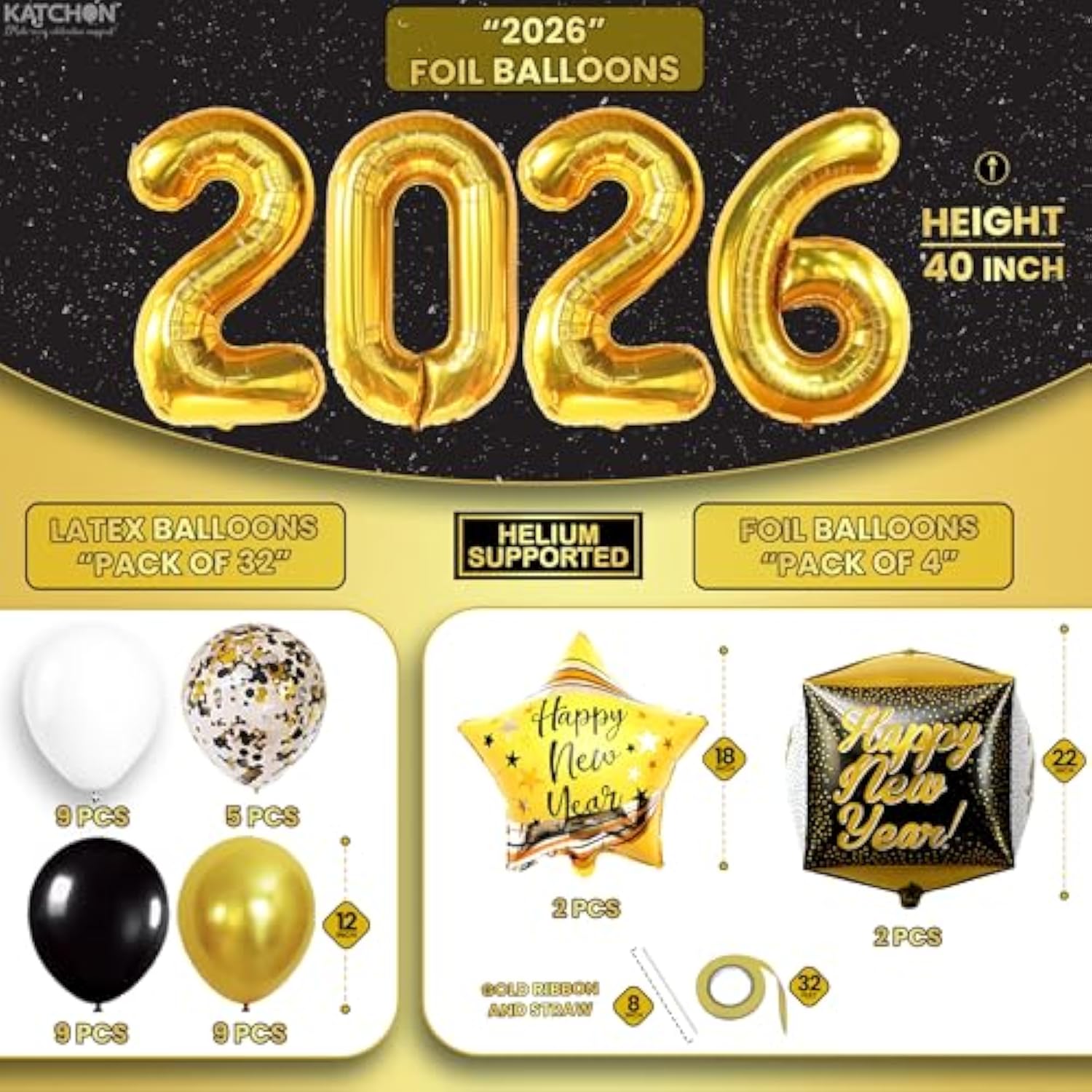 76Pc New Year 2026 Party Set Black Gold Balloons Banner Photo Props