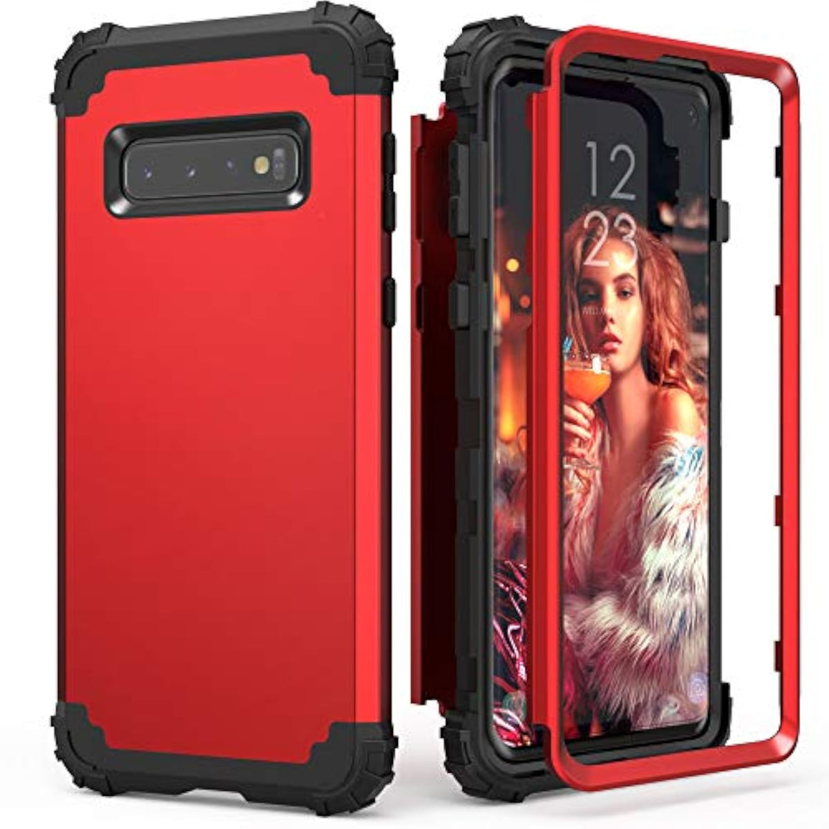 Galaxy S10 Plus 3 in 1 Case Red for Men Women, Shockproof Slim Hybrid Heavy Duty Protection Hard PC Cover Soft Silicone Rugged Bumper Full Body Bumper Cover