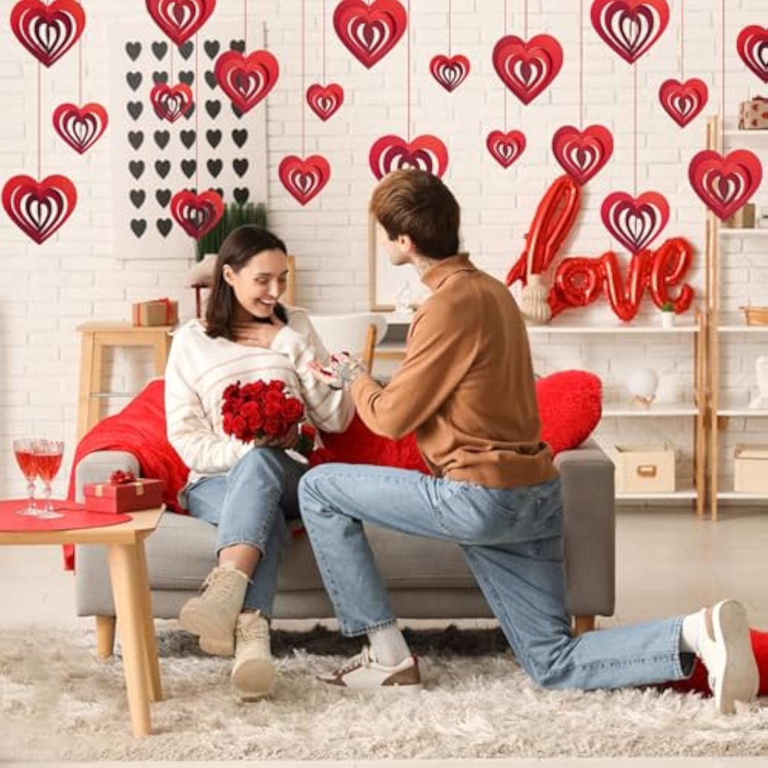 40Pcs Valentine'S 5D Glittering Heart Hanging Foil Decorations, Swirl Red Hollowed Heart Hanging Heart Garland For Valentine'S Engagement Wedding Bridal Shower Anniversary Party Decorations