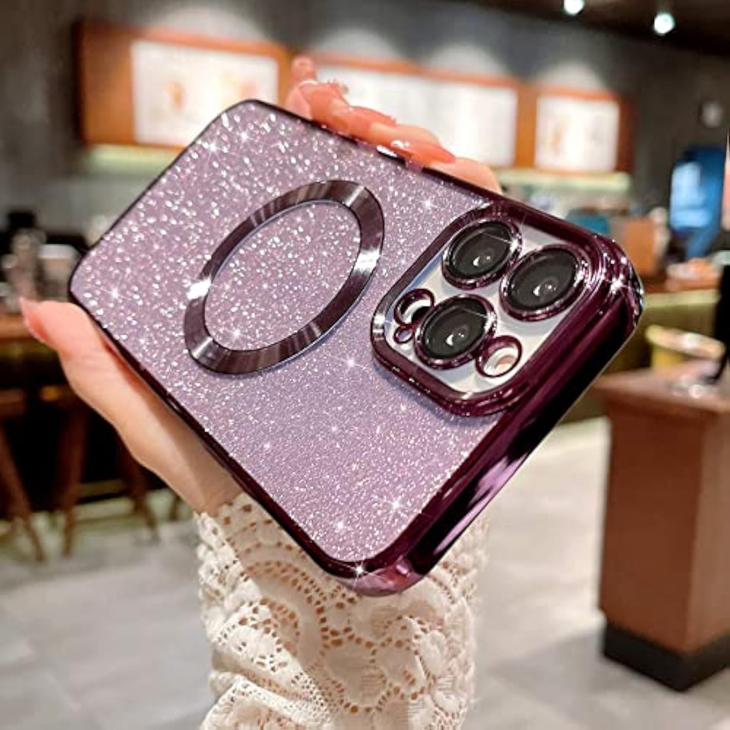 Compatible With 12 Pro Max Magnetic Glitter Case, Luxury Plating Cute Bling Clear Phone Case, Compatible With Magsafe For Women Girls With Camera Protector Back Cover - Purple