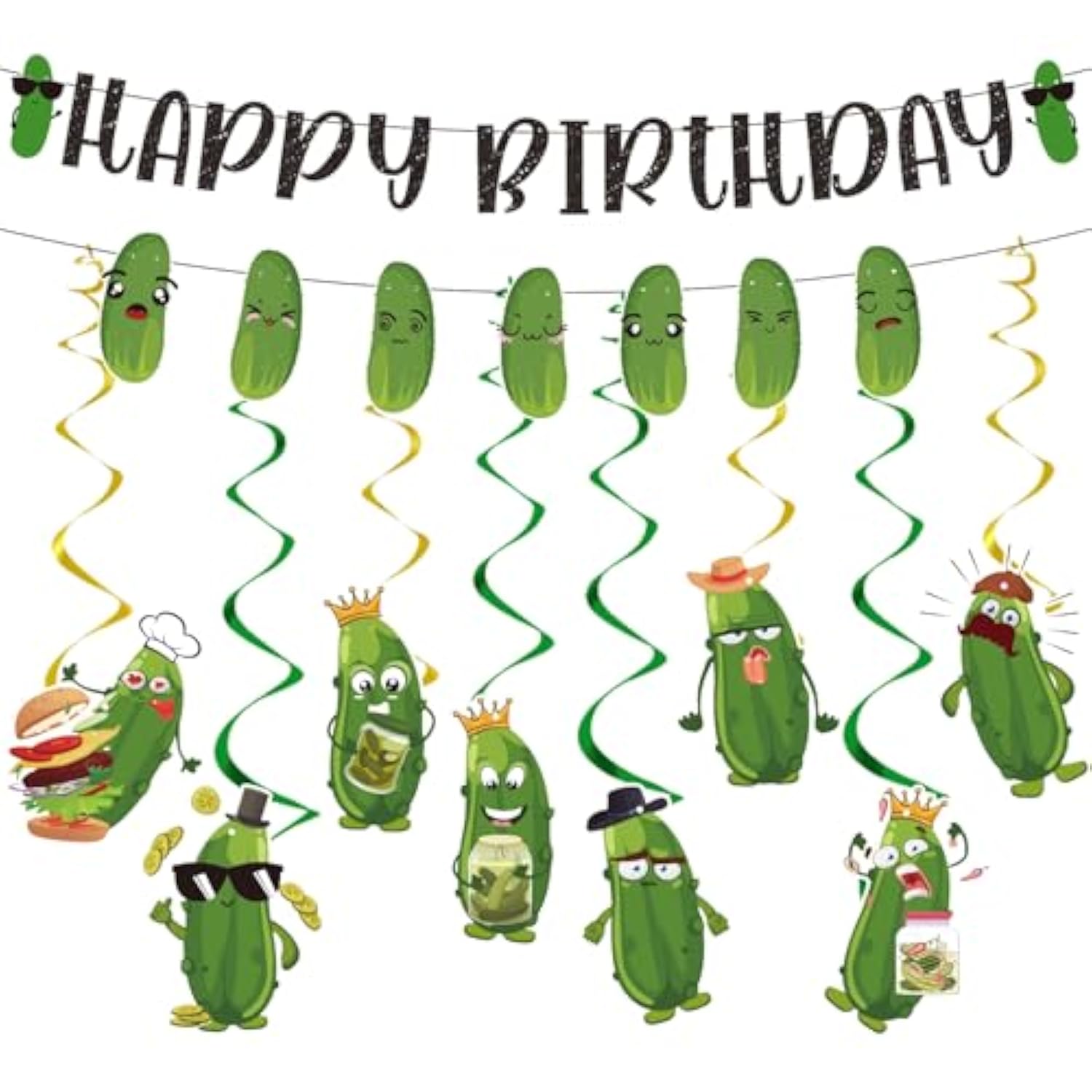 Pickle Birthday Party Decorations - 10Pcs Funny Happy Birthday Banner, Hanging Swirls, Cartoon Cucumber Dill Decor - Fruit Vegetable Theme Party Supplies