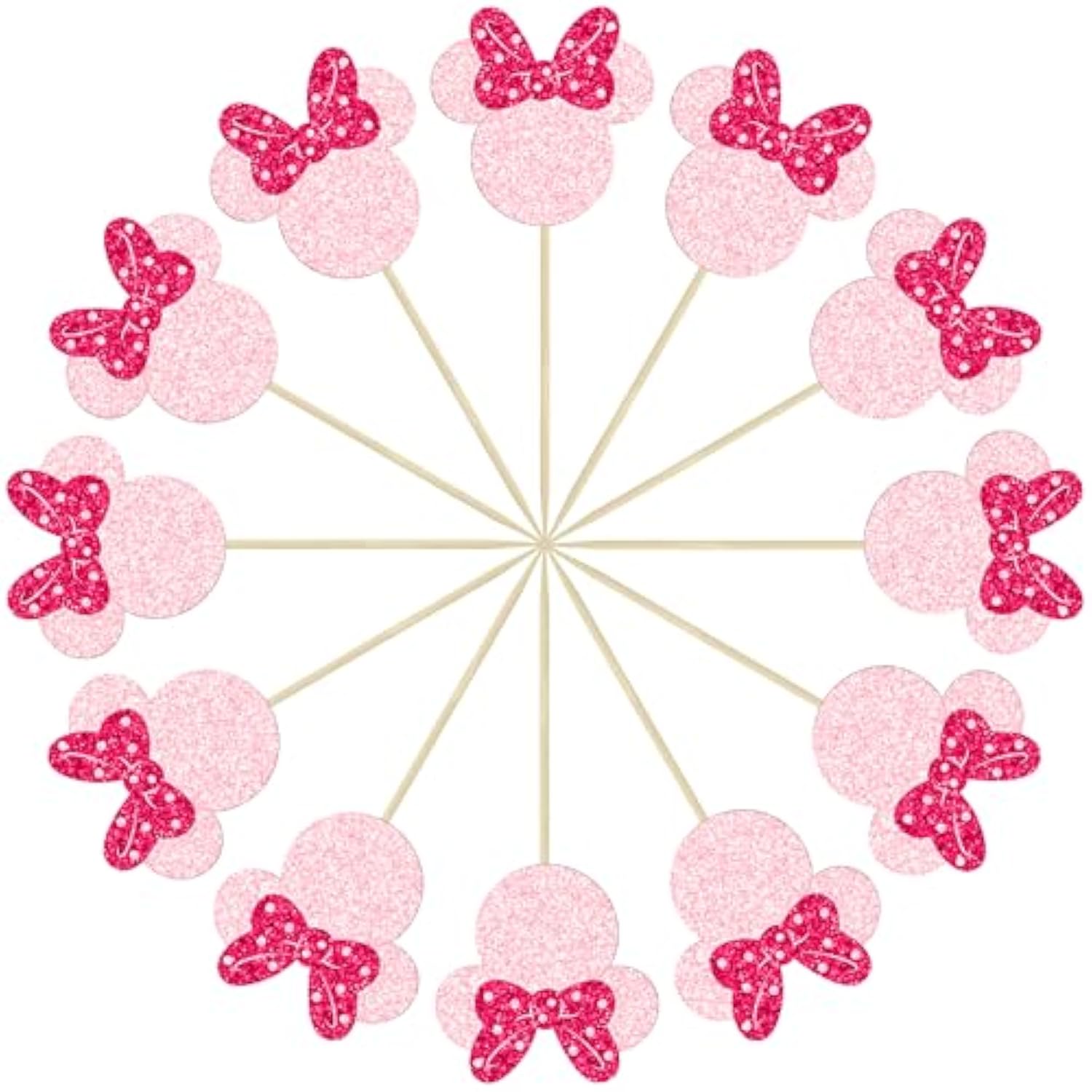 24Pcs Mouse Inspired Cupcake Toppers With Bow Glitter Mouse Cupcake Picks For Baby Shower Wedding Kids Birthday Mouse Themed Party Cake Decorations Pink Rose Red