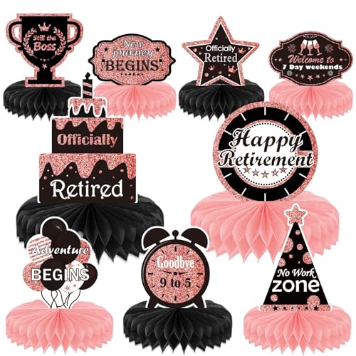 9PCS Rose Gold Retirement Party Decorations - Honeycomb Glitter Table Centerpiece Toppers for Happy Celebration Supplies for Women