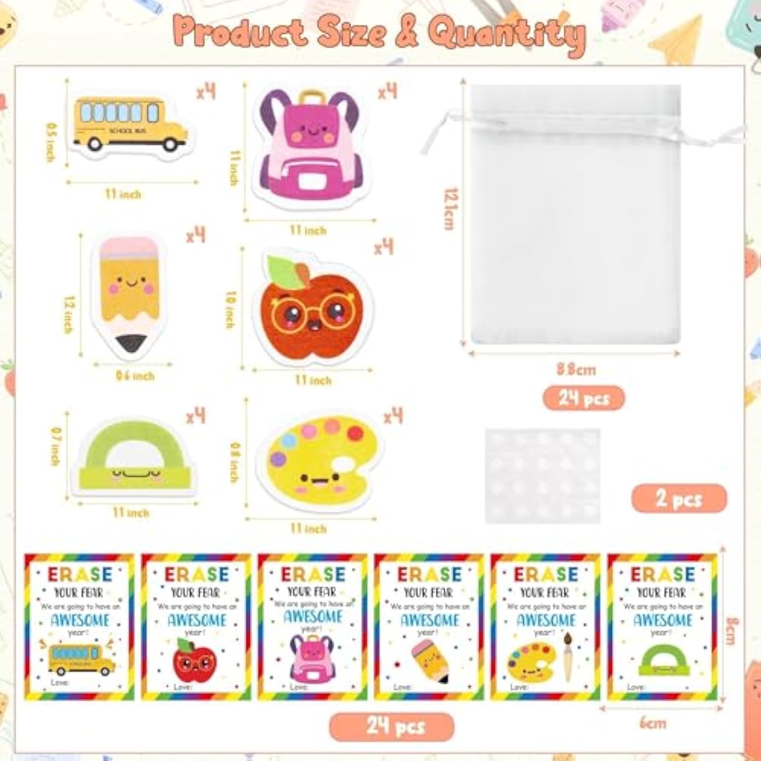 3D Mini Erasers Motivational Cards Bulk - 24 Sets Cute Back To School Inspirational Gifts, Cartoon Apple Erasers Organza Bags Reward Gifts For Kids Students, First Day Of School Party Favor