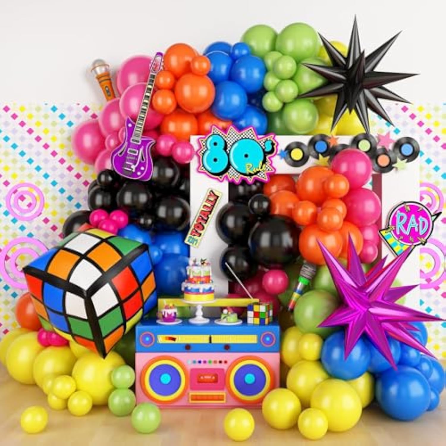 90S 80S Party Balloon Garland Arch Kit, 90S 80S Theme Party Decorations With 4D Dice Hot Pink Black Star Foil Balloons For Retro Theme Hip Hop Fever Nostalgic Birthday Party Decoration
