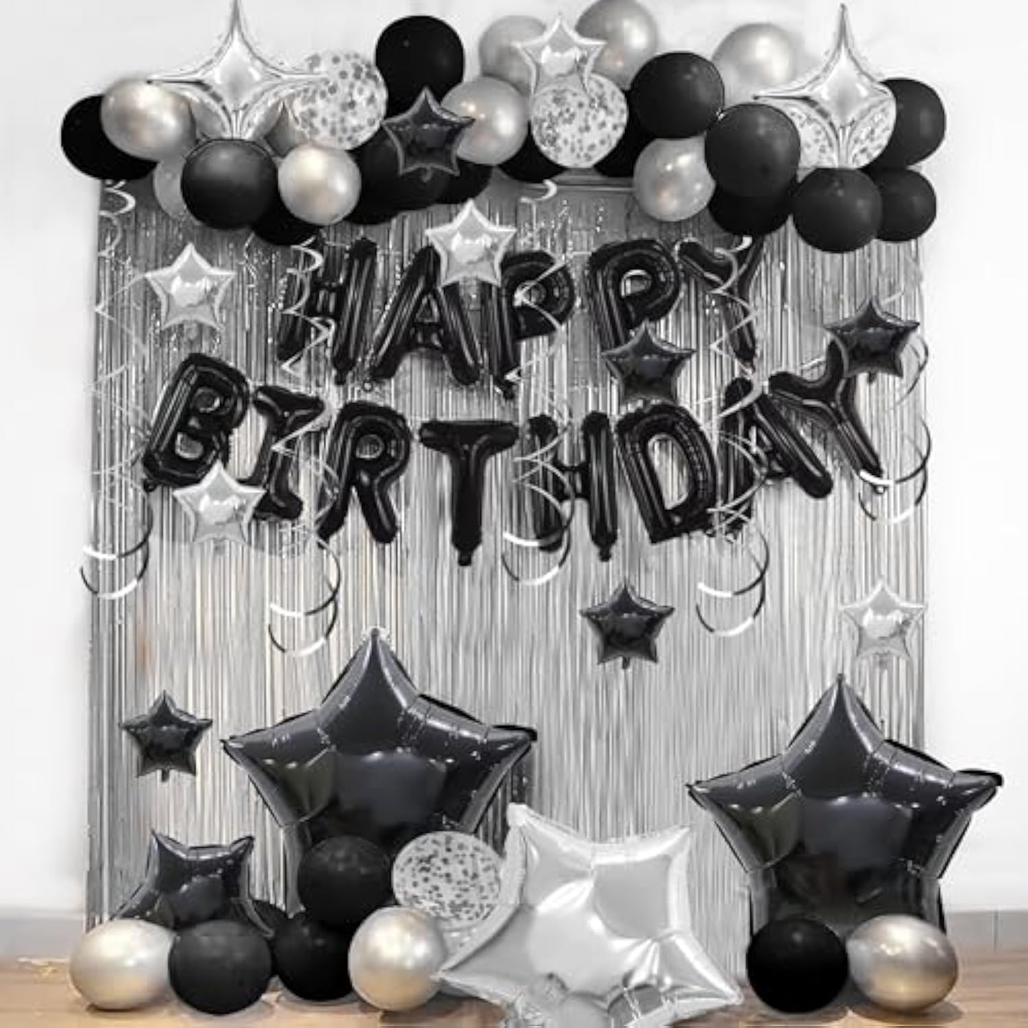 56Pcs Silver Black Happy Birthday Banner & Balloons Party Decorations (Black)