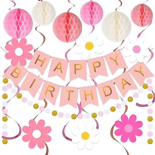 Pink Birthday Decorations - Happy Banner With Honeycomb Ball, Daisy Flower Hanging Swirl Streamer, Circle Dot Garland - Party Decoration For Women Girls