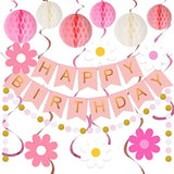 Pink Birthday Decorations - Happy Banner With Honeycomb Ball, Daisy Flower Hanging Swirl Streamer, Circle Dot Garland - Party Decoration For Women Girls