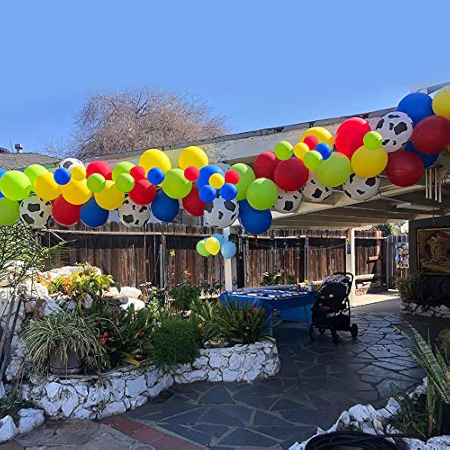 120PCS Toy-Inspired Balloon Arch Kit – Red, Blue, Yellow & Cow Print for Story-Themed Party